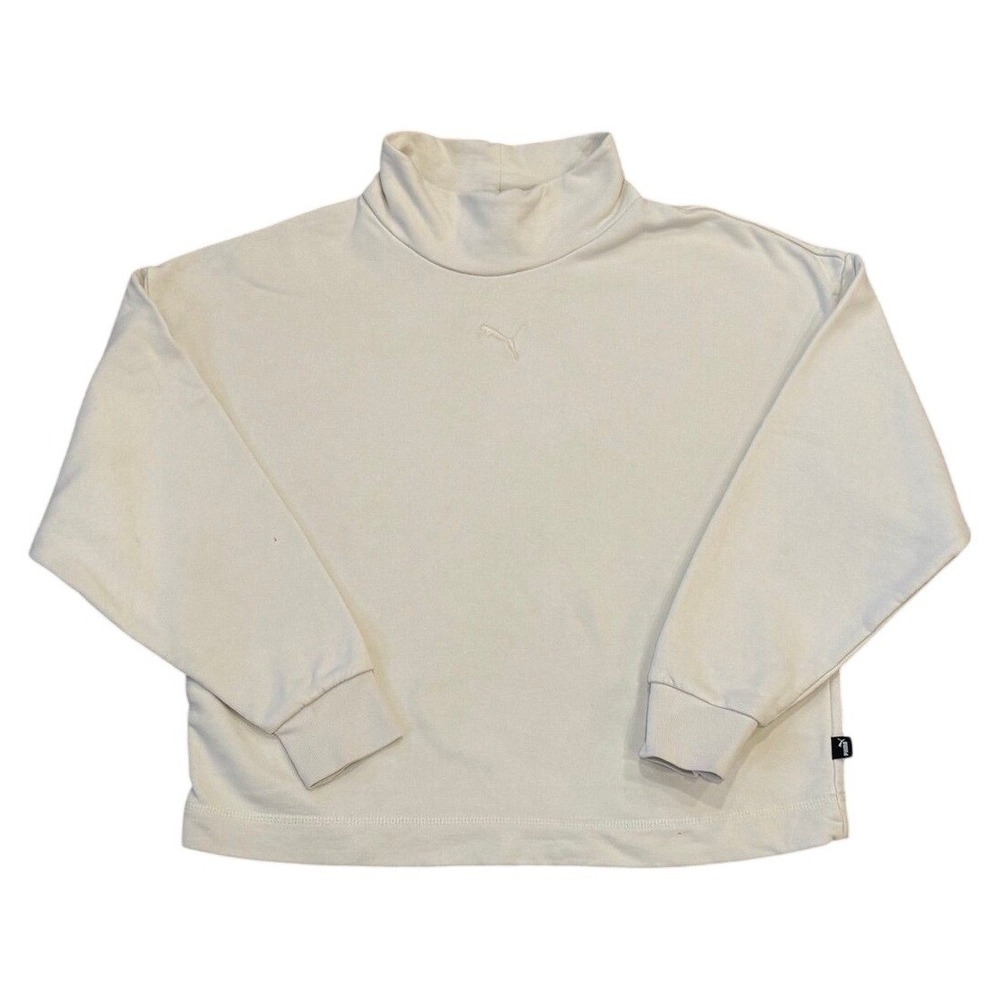 Puma Mock Neck Crop Sweatshirt Women Small Cream Cotton French Terry Pullover‎
